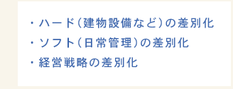 ハード（建物設備など）の差別化、ソフト（日常管理）の差別化、経営戦略の差別化